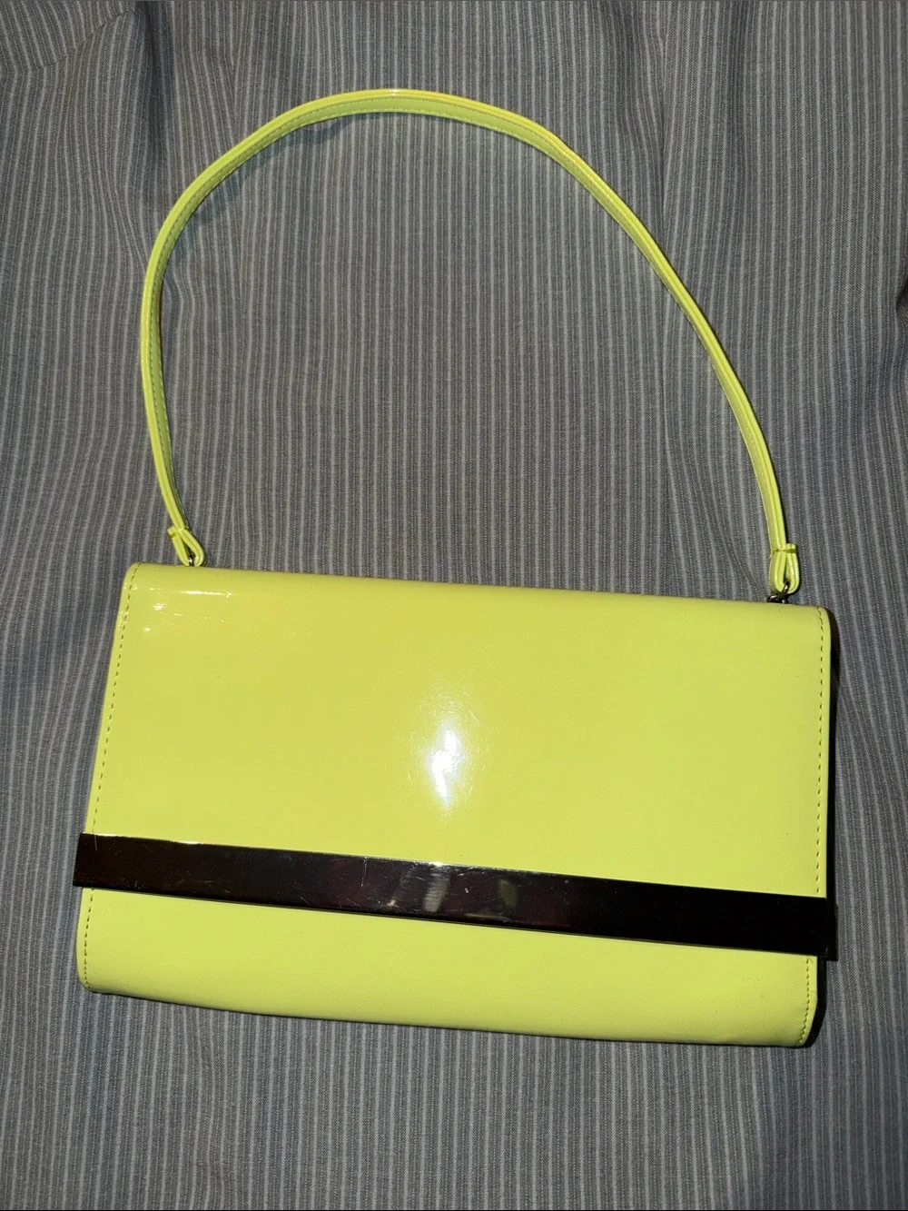Patent Lemon Yellow Shoulder Bag with Metallic Accent